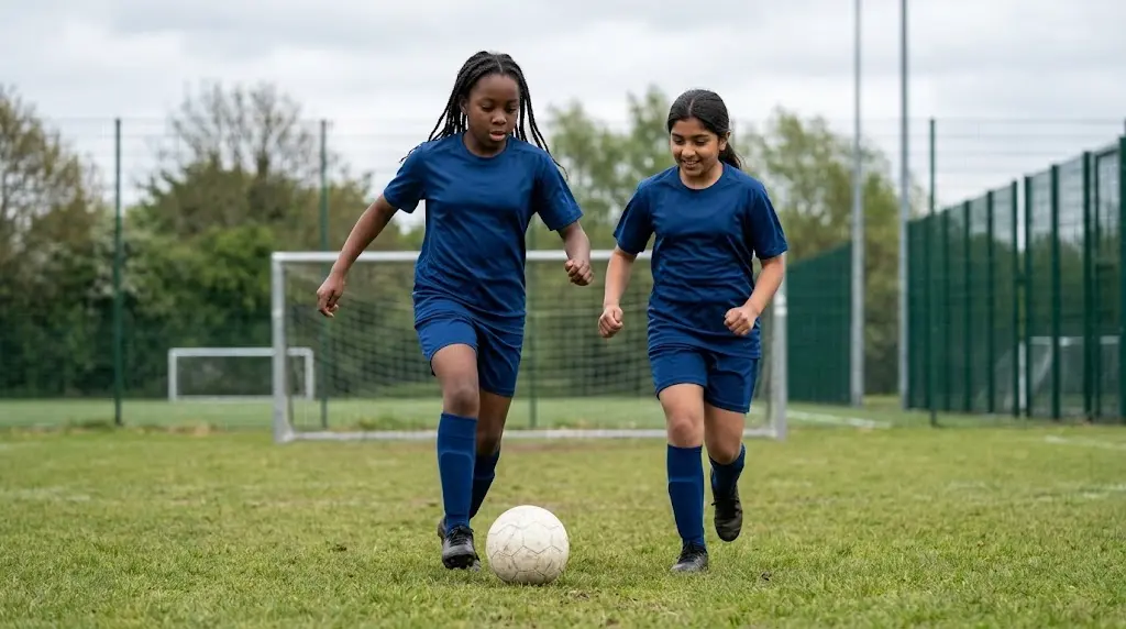 Two girls from different backgrounds training together on a grassroots football pitch