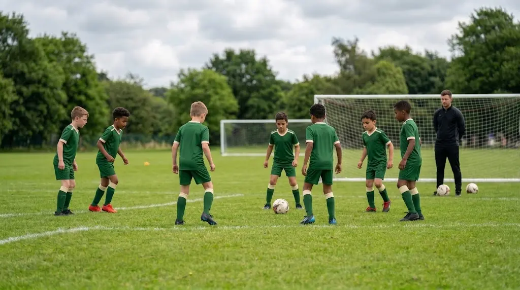 A diverse grassroots youth football team training on a community pitch